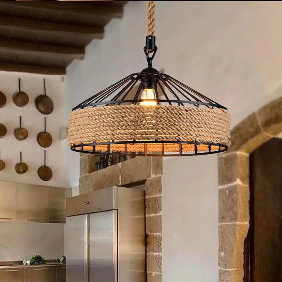 Black E27 Pendant Light – Hemp Rope Drum, Cage or Metal Shade - photo 8
