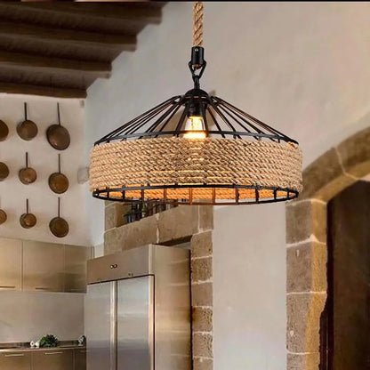 Black E27 Pendant Light – Hemp Rope Drum, Cage or Metal Shade - photo 8