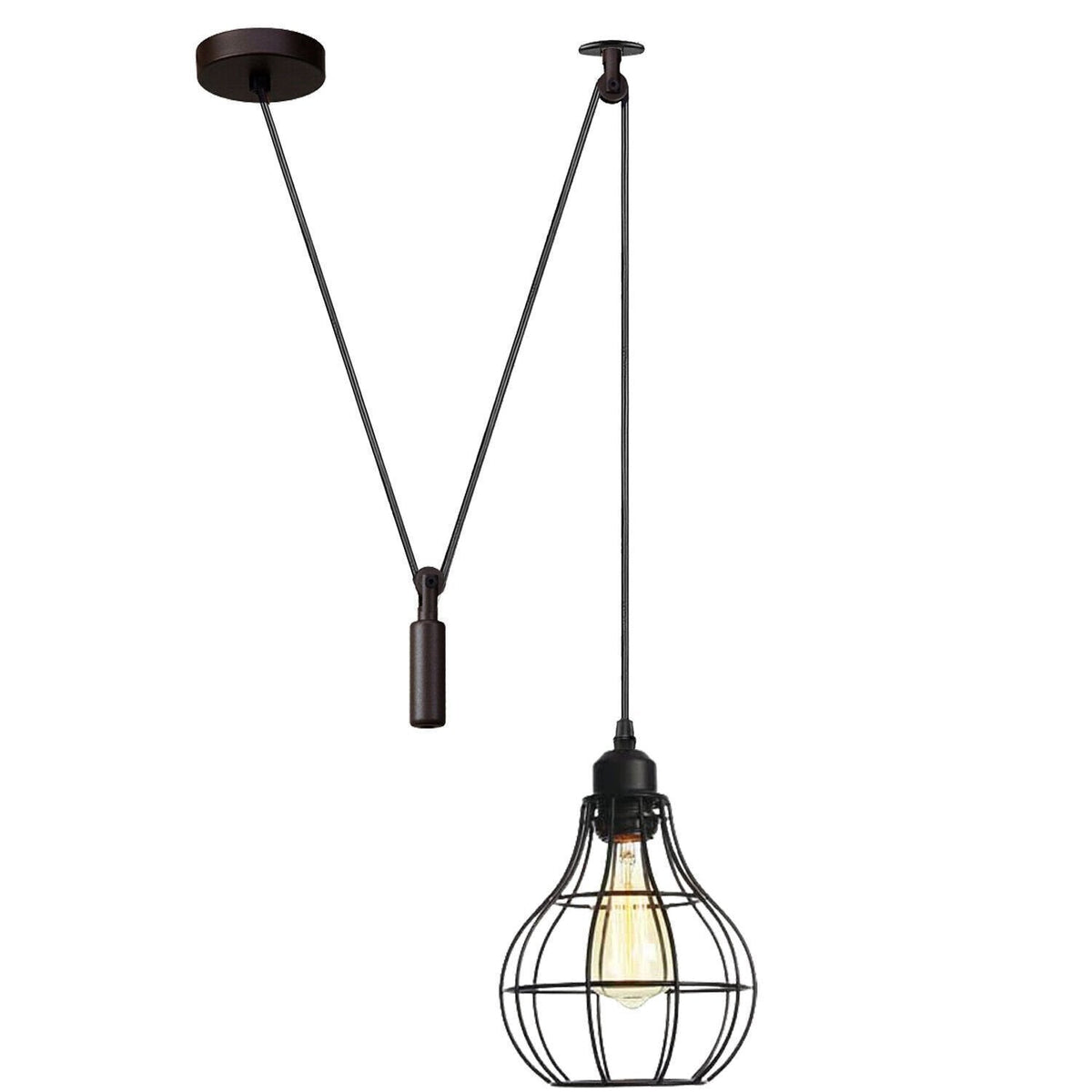 Black E27 Pendant Light – Hemp Rope Drum, Cage or Metal Shade - Black, Balloon Cage Black Hook, Without Bulb
