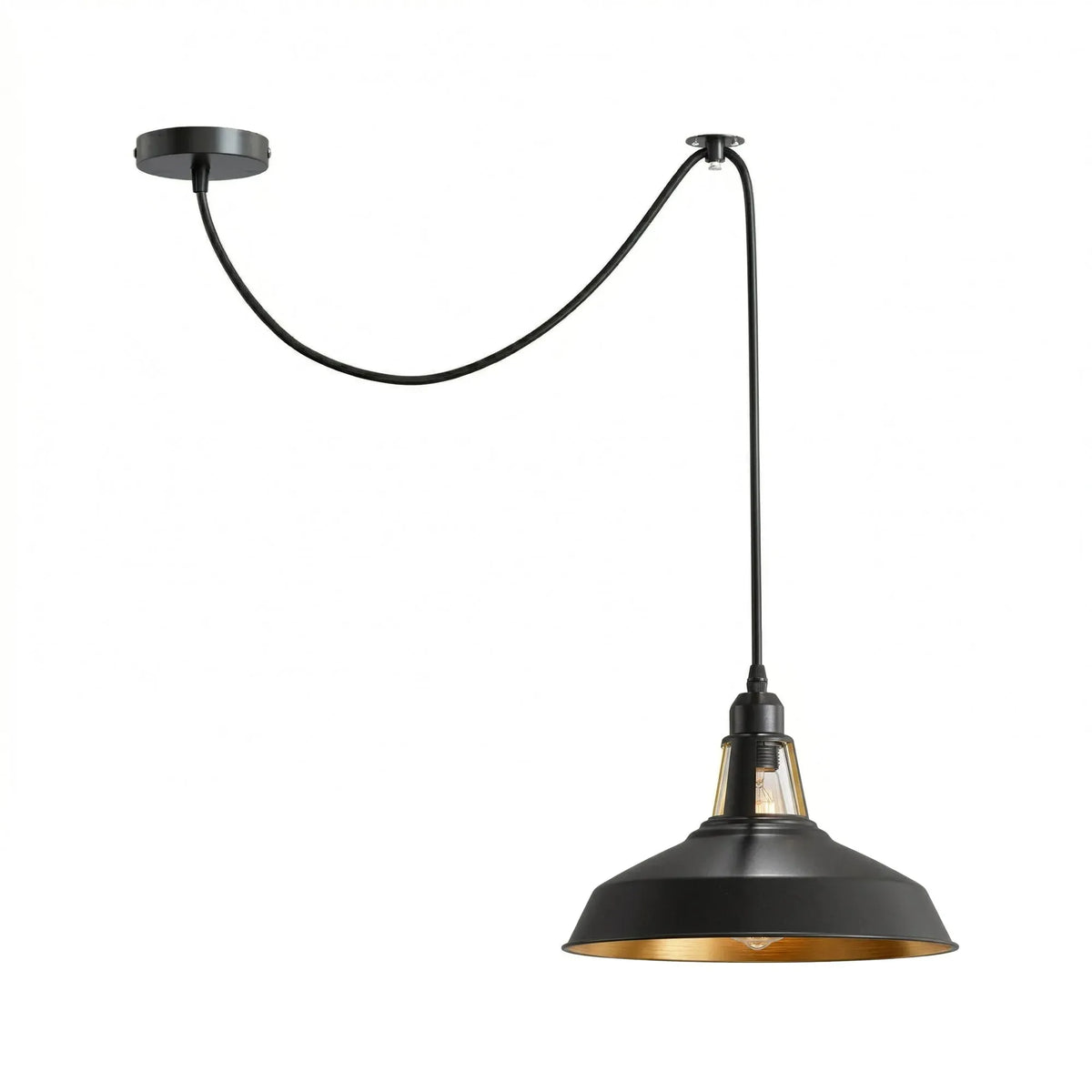 Black E27 Pendant Light – Hemp Rope Drum, Cage or Metal Shade - Black, Barn Slotted 30 cm Black & Gold, Without Bulb