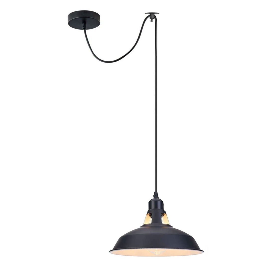 Black E27 Pendant Light – Hemp Rope Drum, Cage or Metal Shade - Black, Barn Slotted 30 cm Black & White Inner, Without Bulb