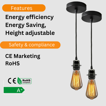 Black E27 Pendant Light – Hemp Rope Drum, Cage or Metal Shade - Black, No Shade Pack of 2, Without Bulb