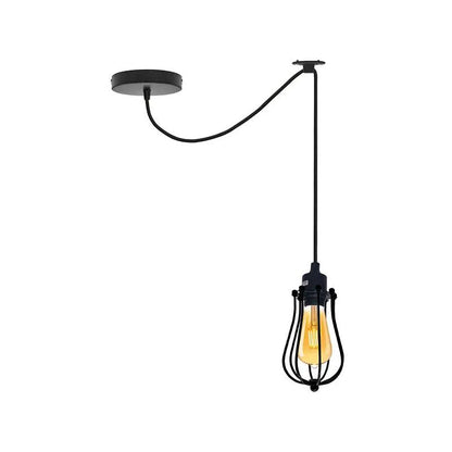 Black E27 Pendant Light – Hemp Rope Drum, Cage or Metal Shade - Black, Round Cage Black, T130 LED Bulb 4W