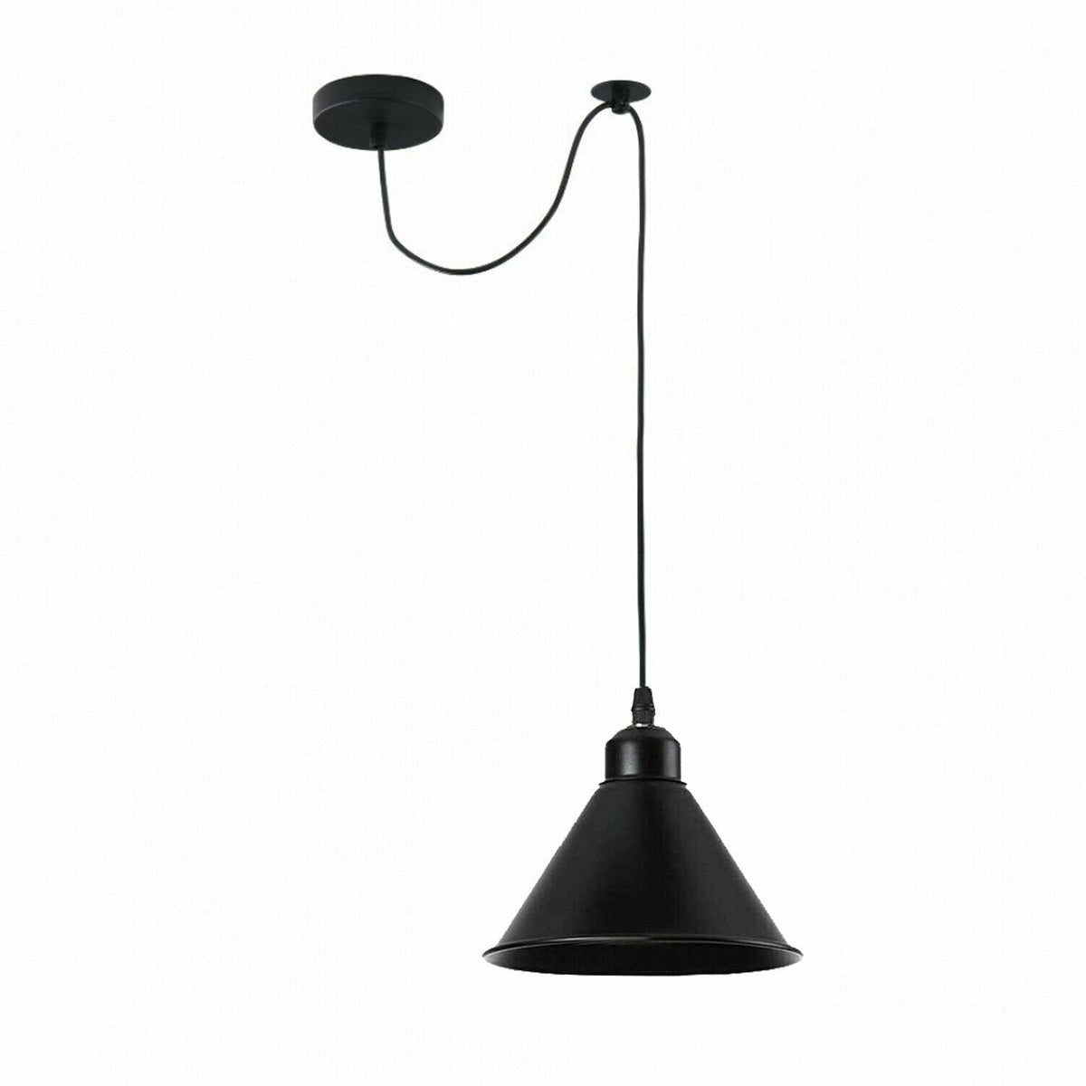 Black E27 Pendant Light – Hemp Rope Drum, Cage or Metal Shade - Black, Small Cone 18 cm Black, Without Bulb