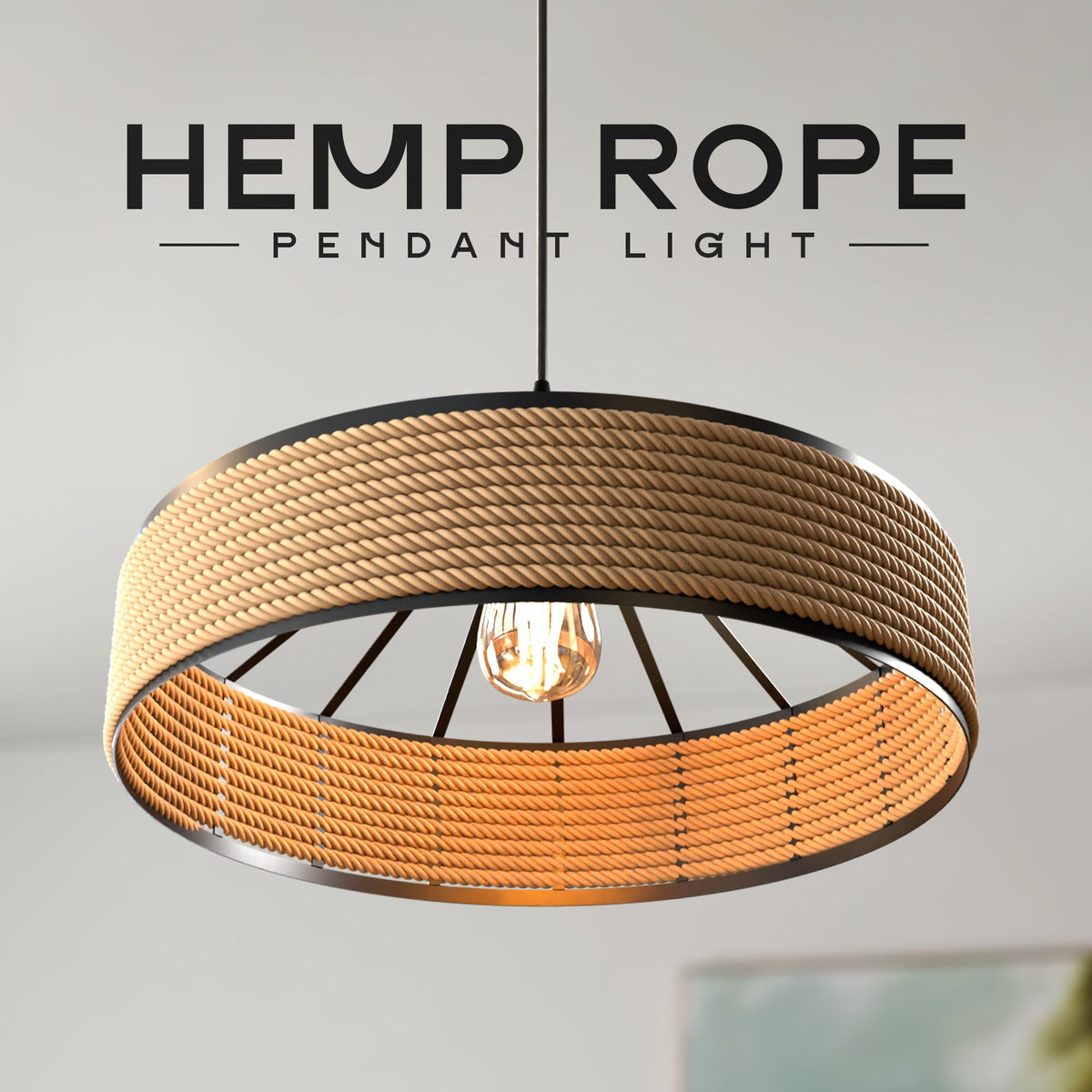 Black E27 Pendant Light – Hemp Rope Drum, Cage or Metal Shade