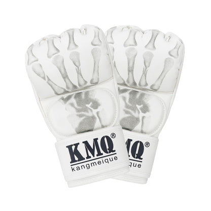 White MMA Grappling Gloves – Half Finger, PU Leather, Velcro Strap