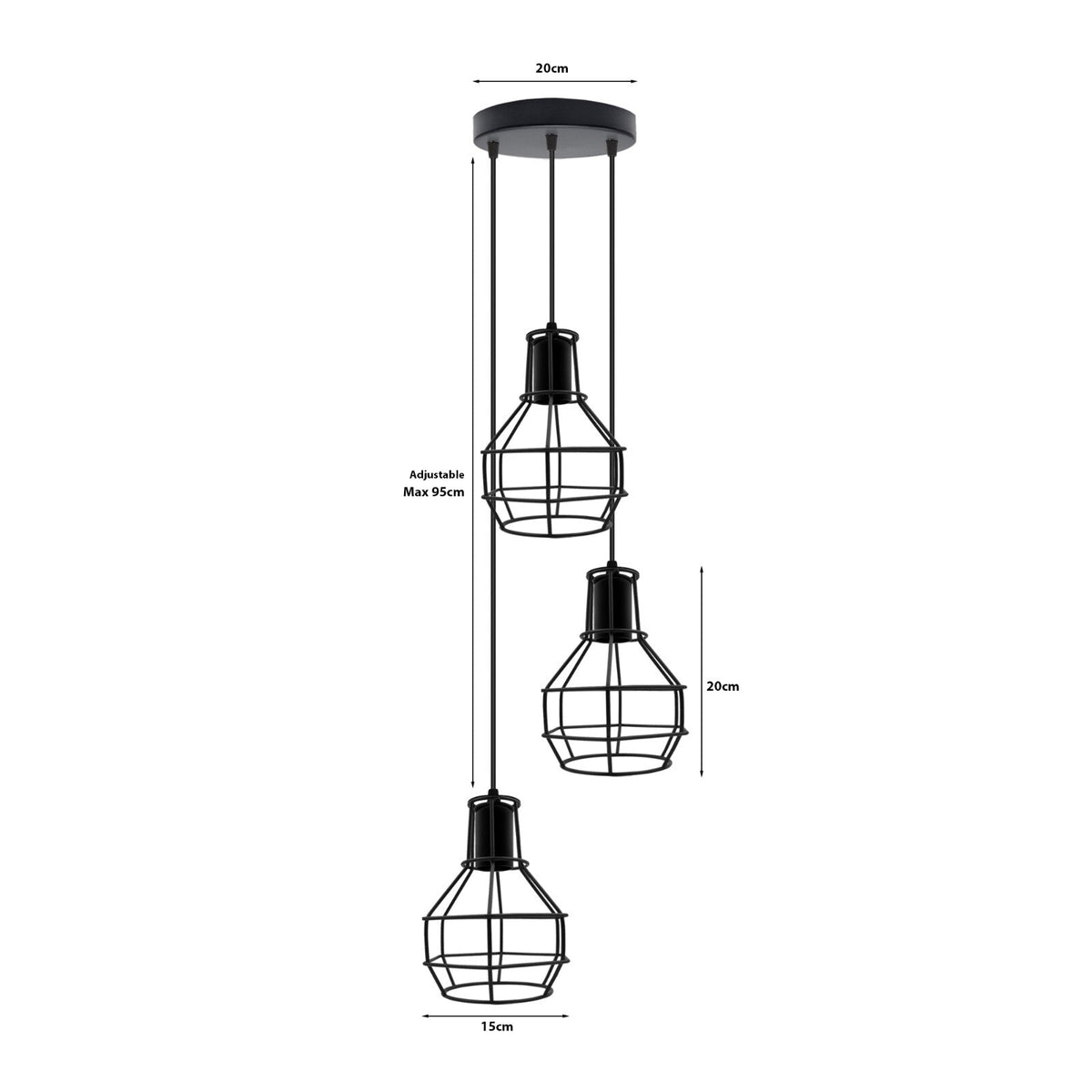 3 Light Cage Cluster Pendant – Round Plate or Bar, 5 Finishes, E27 - photo 4