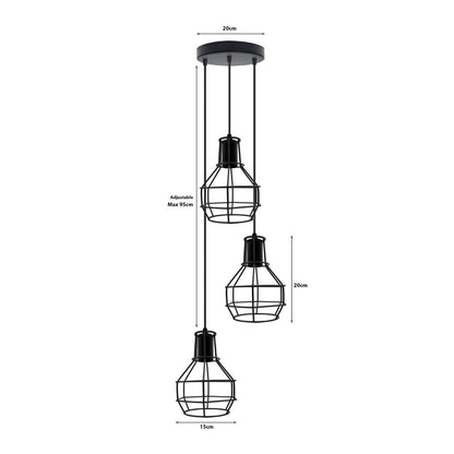 3 Light Cage Cluster Pendant – Round Plate or Bar, 5 Finishes, E27 - photo 4