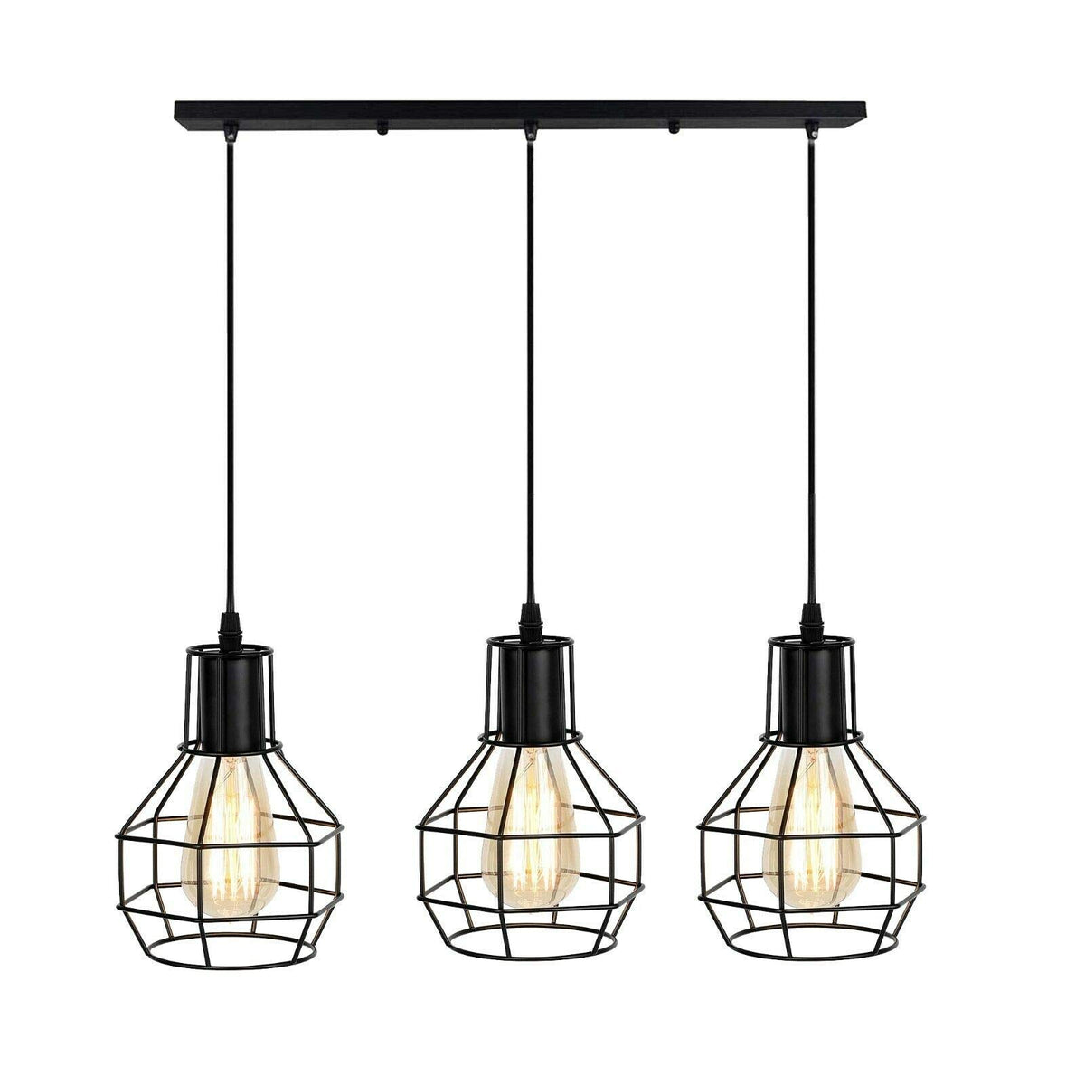 3 Light Cage Cluster Pendant – Round Plate or Bar, 5 Finishes, E27 - Black, Cages, Straight Bar, Without Bulb