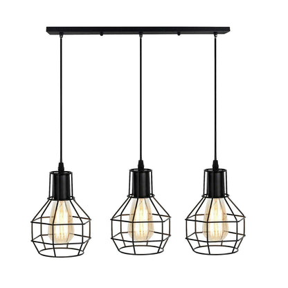 3 Light Cage Cluster Pendant – Round Plate or Bar, 5 Finishes, E27 - Black, Cages, Straight Bar, Without Bulb
