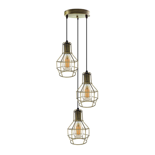 3 Light Cage Cluster Pendant – Round Plate or Bar, 5 Finishes, E27 - Brushed Brass, Cages, Round Plate, ST64 Bulb
