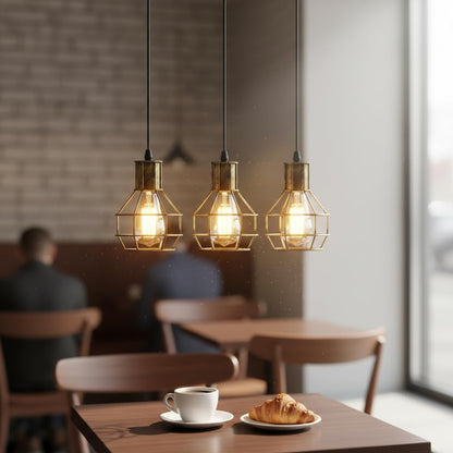 3 Light Cage Cluster Pendant – Round Plate or Bar, 5 Finishes, E27 - Brushed Brass, Cages, Straight Bar, ST64 Bulb