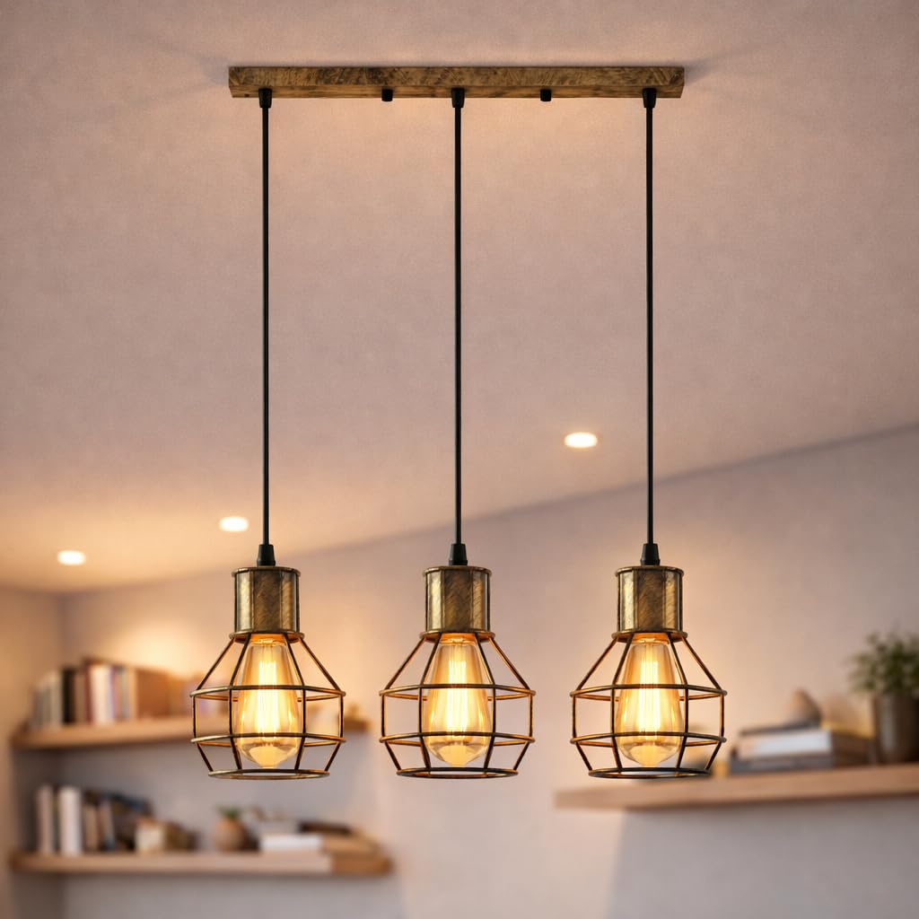 3 Light Cage Cluster Pendant – Round Plate or Bar, 5 Finishes, E27 - Brushed Brass, Cages, Straight Bar, Without Bulb