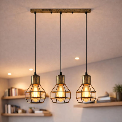 3 Light Cage Cluster Pendant – Round Plate or Bar, 5 Finishes, E27 - Brushed Brass, Cages, Straight Bar, Without Bulb