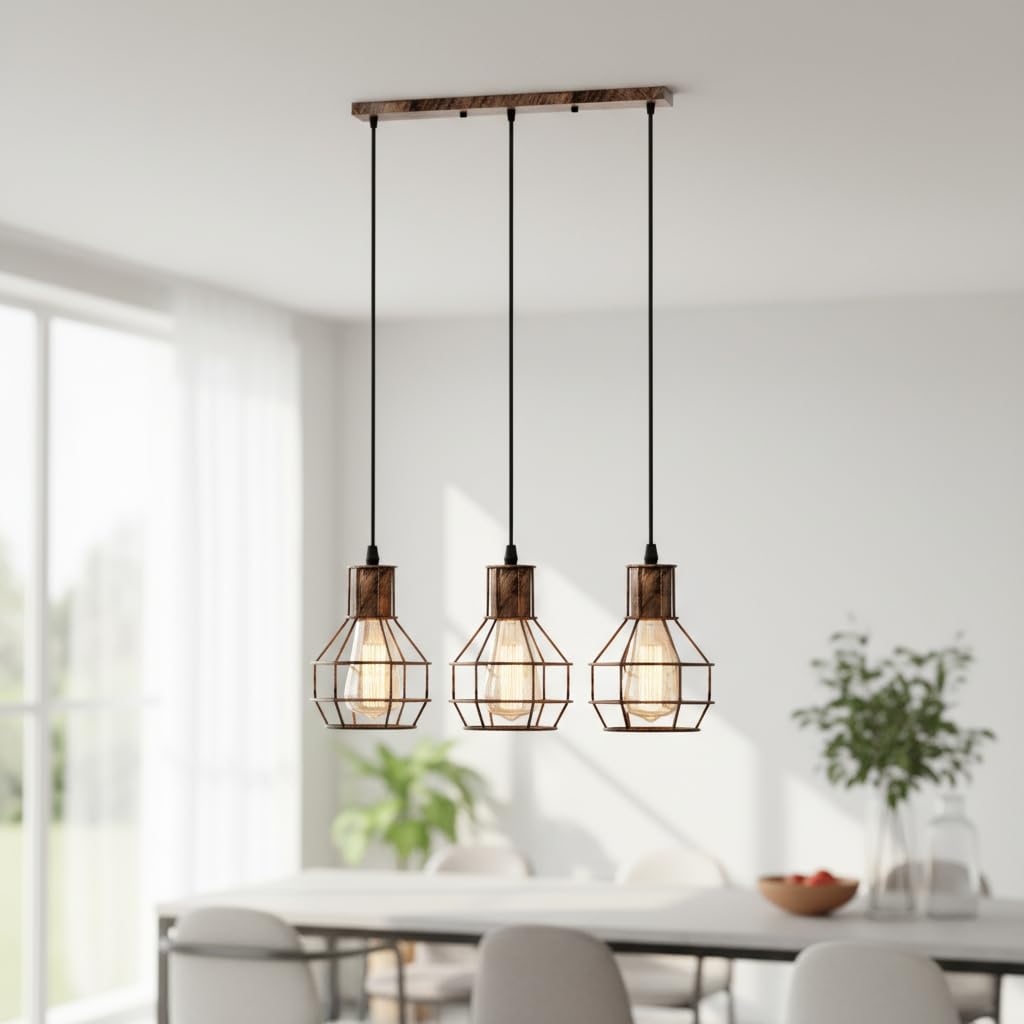 3 Light Cage Cluster Pendant – Round Plate or Bar, 5 Finishes, E27 - Brushed Copper, Cages, Straight Bar, ST64 Bulb