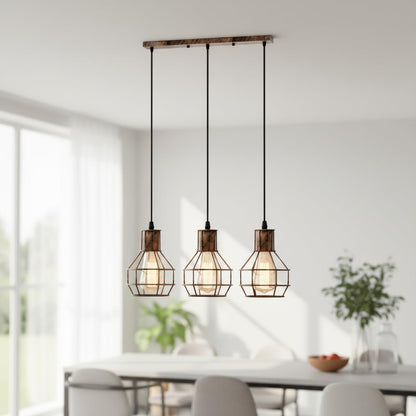 3 Light Cage Cluster Pendant – Round Plate or Bar, 5 Finishes, E27 - Brushed Copper, Cages, Straight Bar, ST64 Bulb