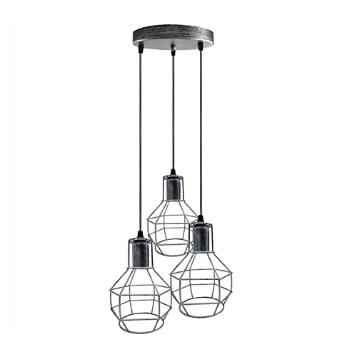 3 Light Cage Cluster Pendant – Round Plate or Bar, 5 Finishes, E27 - Brushed Silver, Cages, Round Plate, Without Bulb