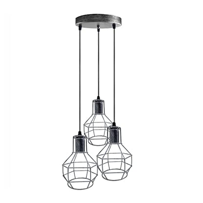 3 Light Cage Cluster Pendant – Round Plate or Bar, 5 Finishes, E27 - Brushed Silver, Cages, Round Plate, Without Bulb