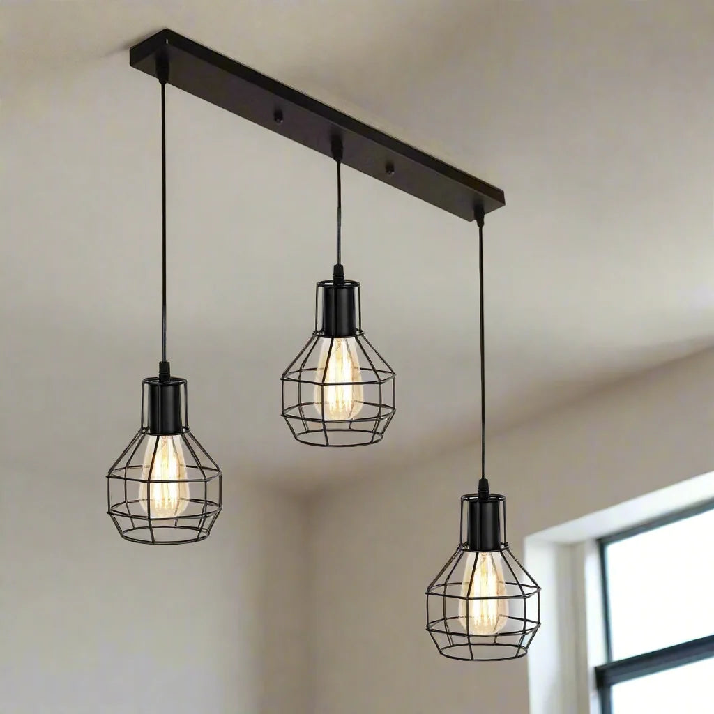 3 Light Cage Cluster Pendant – Round Plate or Bar, 5 Finishes, E27 - photo 26