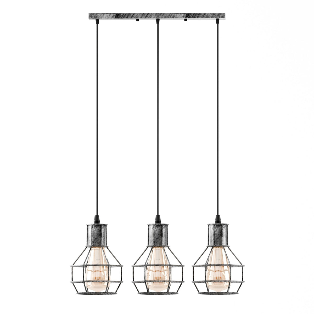 3 Light Cage Cluster Pendant – Round Plate or Bar, 5 Finishes, E27 - Brushed Silver, Cages, Straight Bar, ST64 Bulb