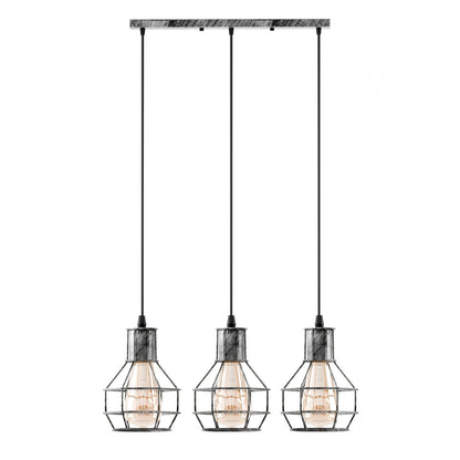 3 Light Cage Cluster Pendant – Round Plate or Bar, 5 Finishes, E27 - Brushed Silver, Cages, Straight Bar, ST64 Bulb