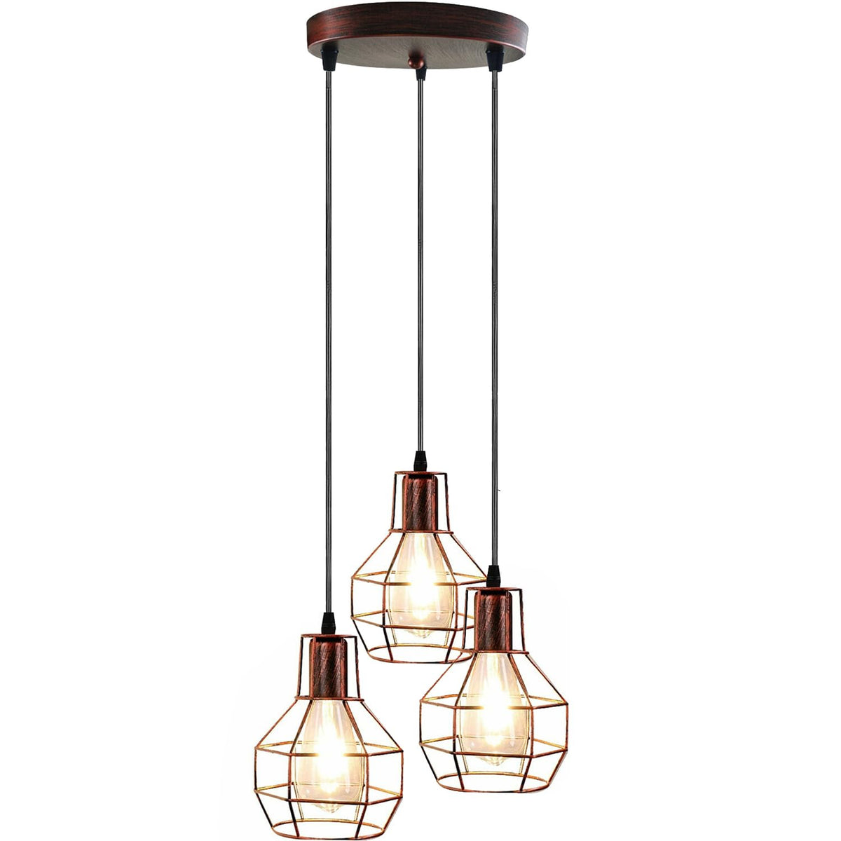 3 Light Cage Cluster Pendant – Round Plate or Bar, 5 Finishes, E27 - Rustic Red, Cages, Round Plate, ST64 Bulb