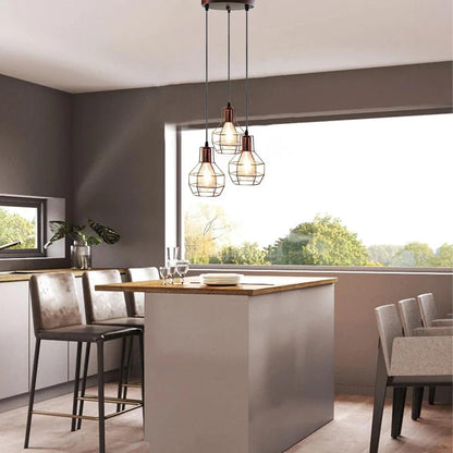 3 Light Cage Cluster Pendant – Round Plate or Bar, 5 Finishes, E27 - Rustic Red, Cages, Round Plate, Without Bulb
