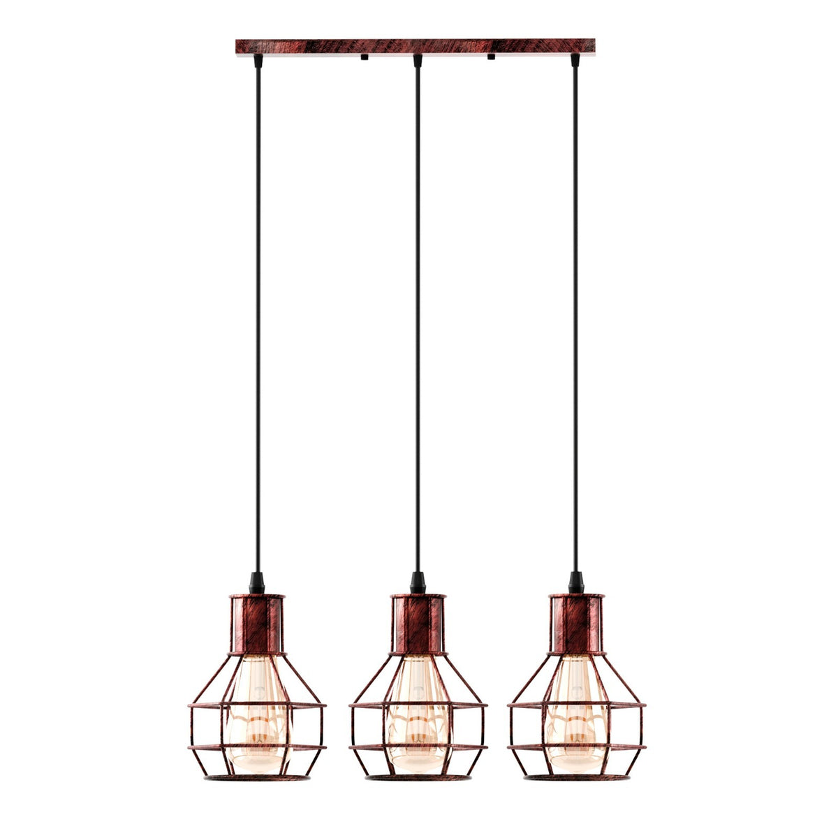 3 Light Cage Cluster Pendant – Round Plate or Bar, 5 Finishes, E27 - Rustic Red, Cages, Straight Bar, ST64 Bulb