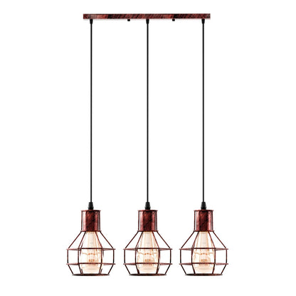 3 Light Cage Cluster Pendant – Round Plate or Bar, 5 Finishes, E27 - Rustic Red, Cages, Straight Bar, ST64 Bulb