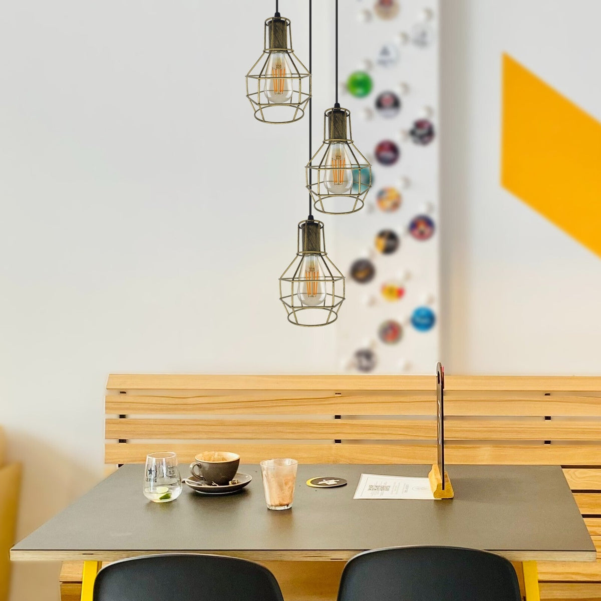 3 Light Cage Cluster Pendant – Round Plate or Bar, 5 Finishes, E27 - photo 2