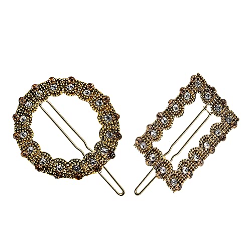 Crystal Hair Slides – Gold Round, Gold or Silver Rectangle, Single or Pair - Gold Round + Gold Rectangle