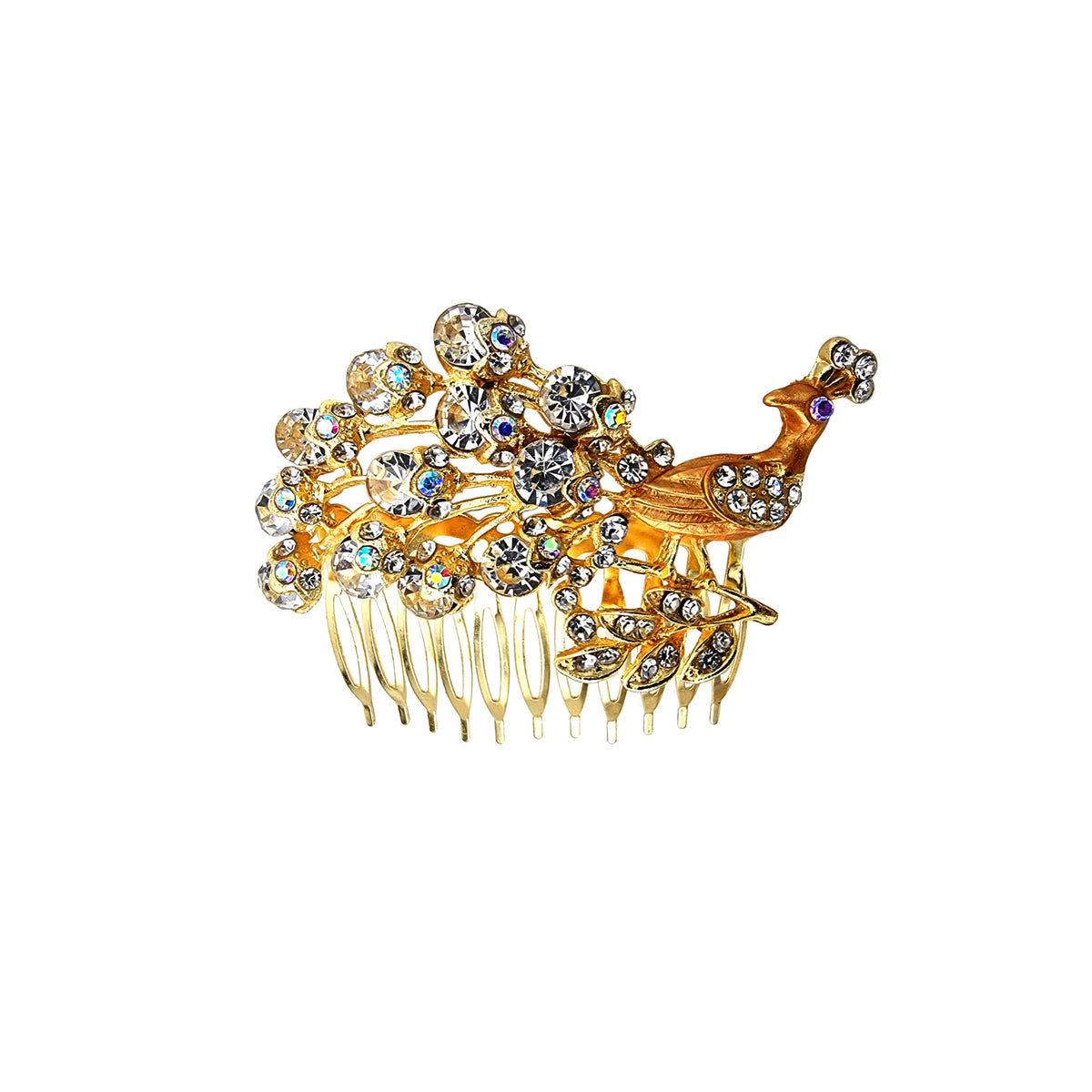 Decorative Hair Combs – 10 Crystal, Stone & Enamel Designs, Metal Side Comb - Gold Peacock