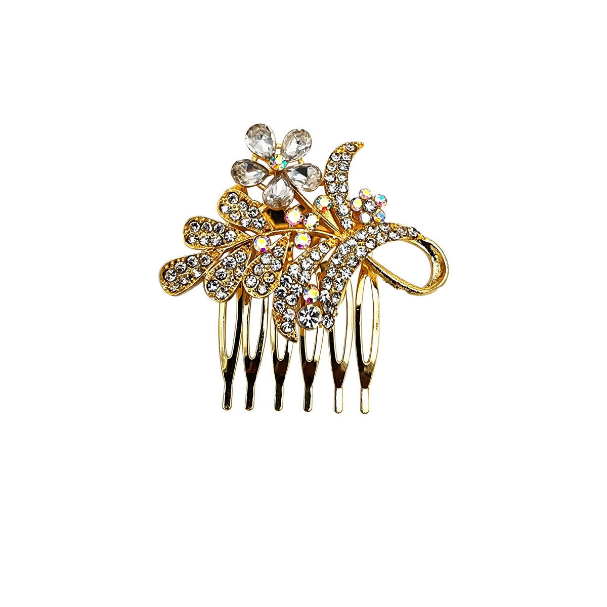 Decorative Hair Combs – 10 Crystal, Stone & Enamel Designs, Metal Side Comb - Gold Crystal Flower