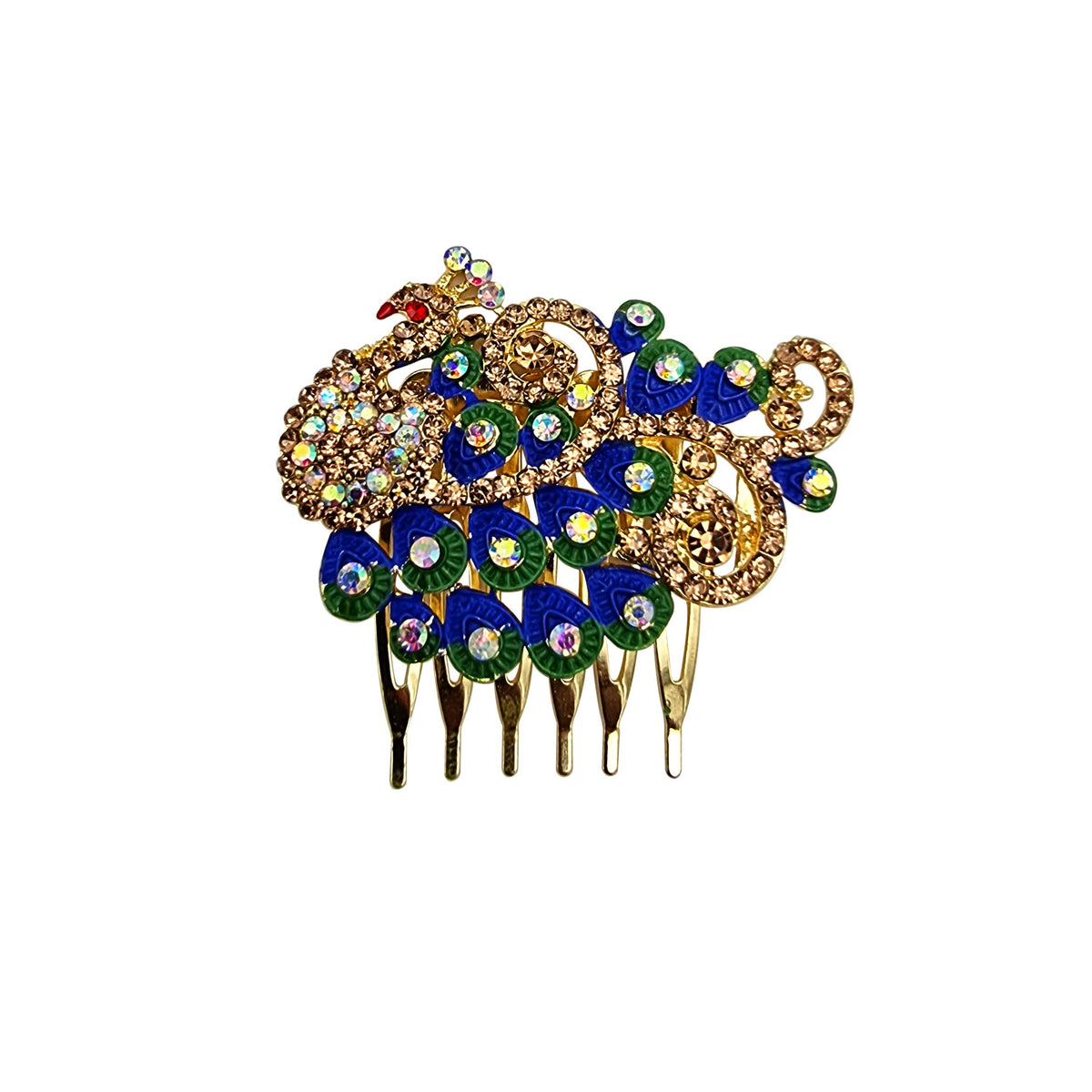 Decorative Hair Combs – 10 Crystal, Stone & Enamel Designs, Metal Side Comb - Blue Peacock