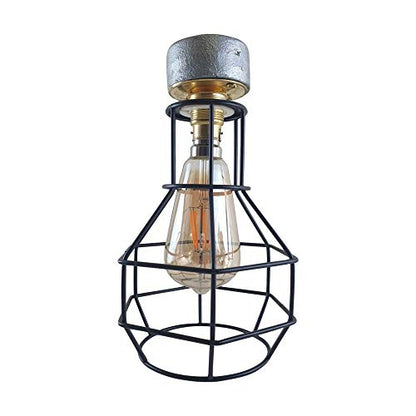 Industrial Conduit Box Ceiling Light – Brass B22, Dome or Cage Shade - Standard, Nest Cage Black, ST64 LED Bulb 4W
