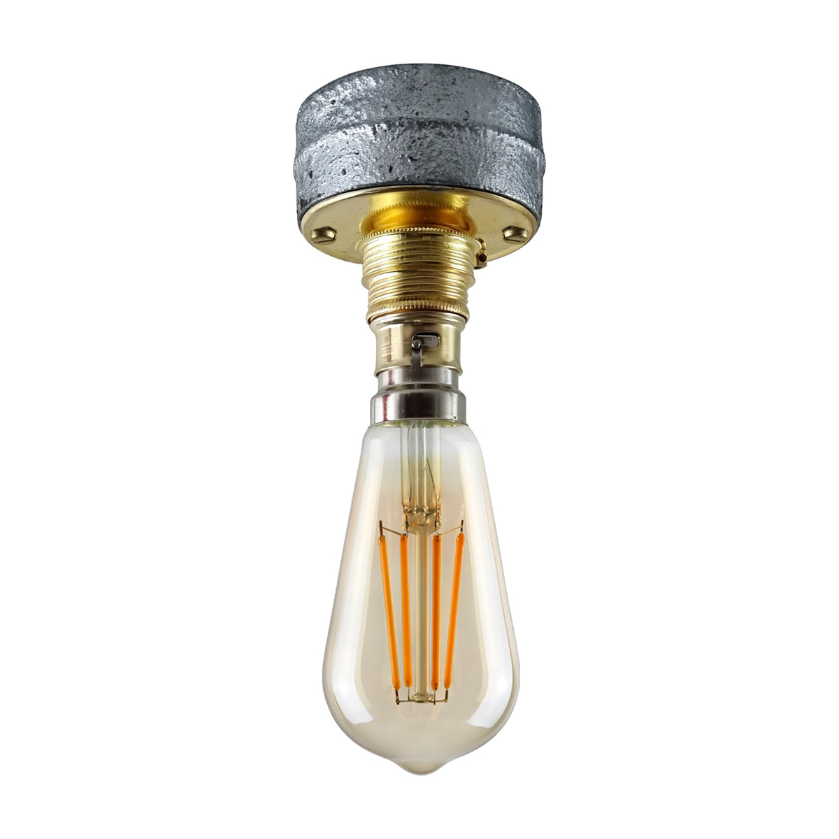 Industrial Conduit Box Ceiling Light – Brass B22, Dome or Cage Shade - Standard, No Shade, Brass B22 Holder, ST64 LED Bulb 4W