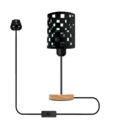 Bulb Guard Cage Table Lamp with Wooden Base E27 - Black, Without Bulb