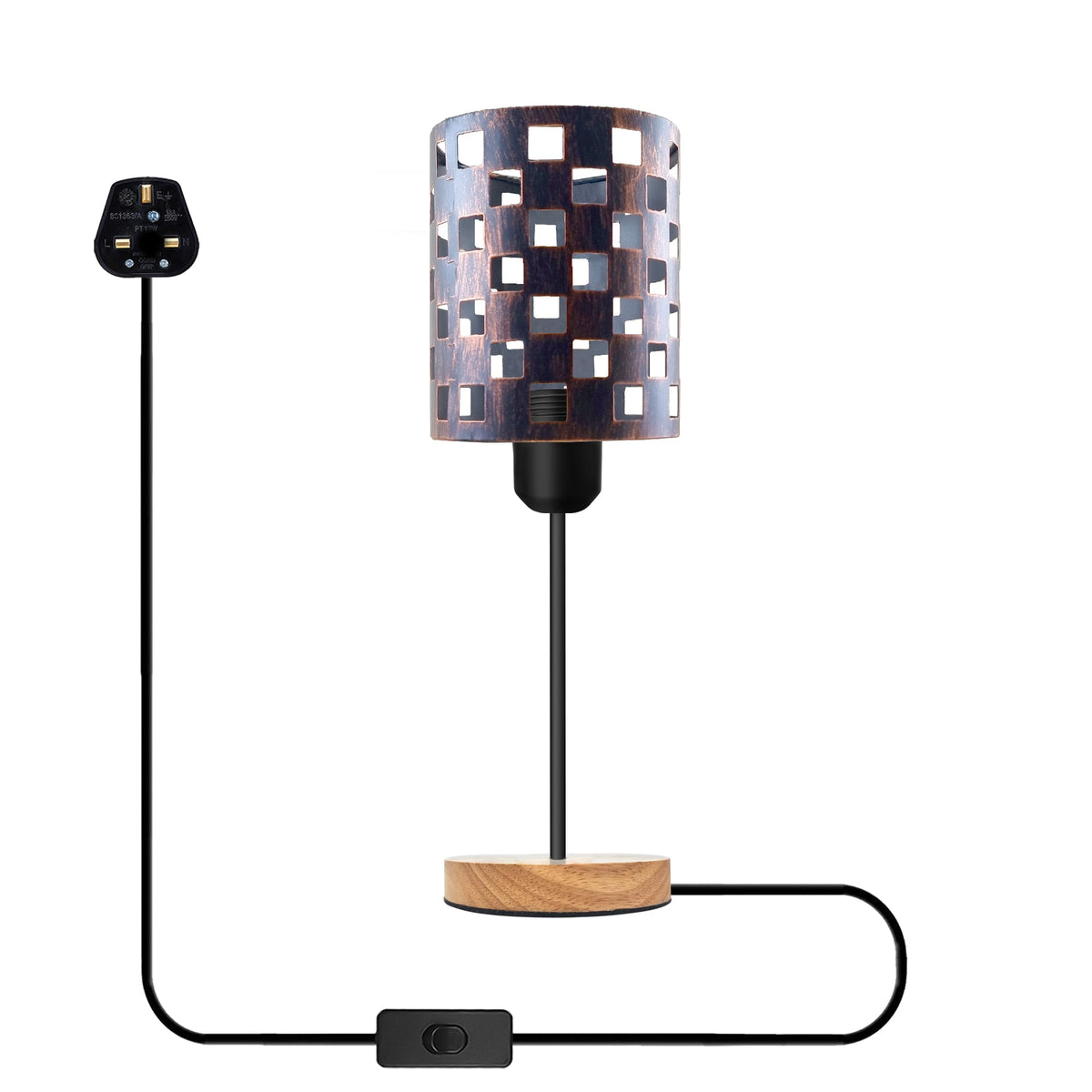 Bulb Guard Cage Table Lamp with Wooden Base E27 - Brushed Copper, Without Bulb