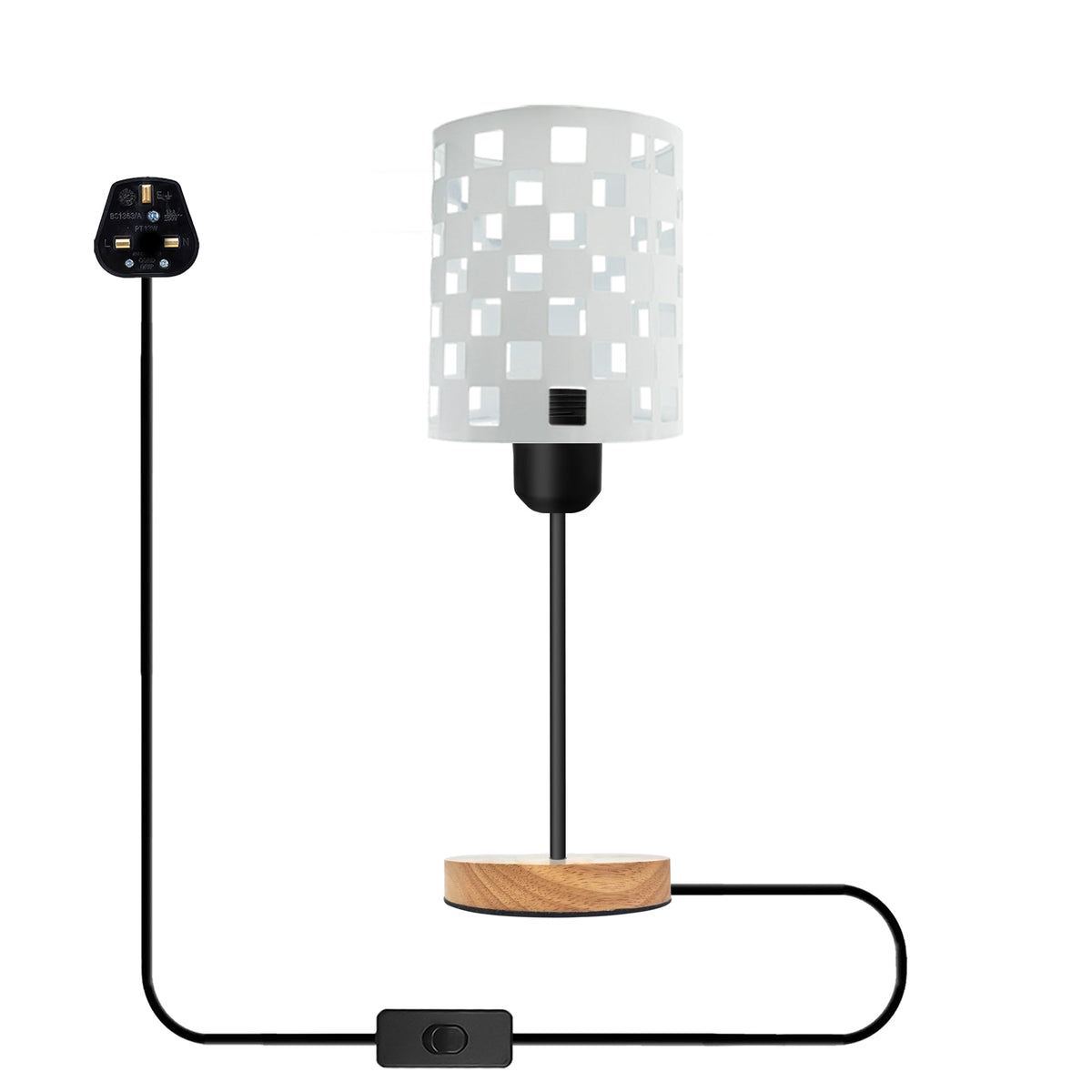 Bulb Guard Cage Table Lamp with Wooden Base E27 - White, Without Bulb