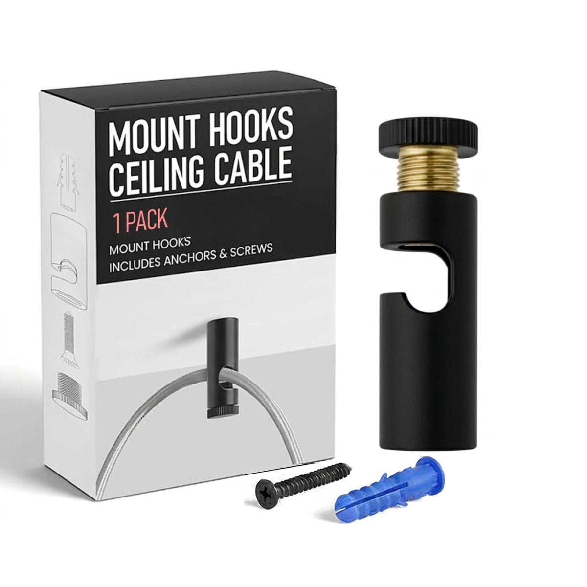 Ceiling Cable Hooks & Plate Hooks for Pendant Lights – 7 Styles - Black, Adjustable Slot Hook, Single