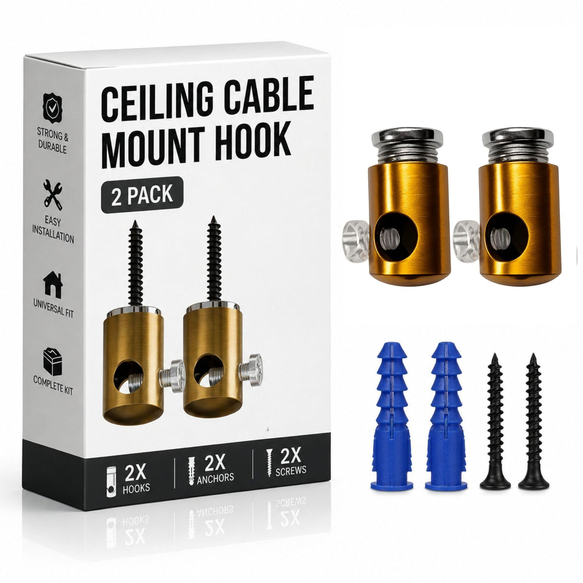 Ceiling Cable Hooks & Plate Hooks for Pendant Lights – 7 Styles - Yellow Brass, Screw-In Cable Grip, Pack of 2