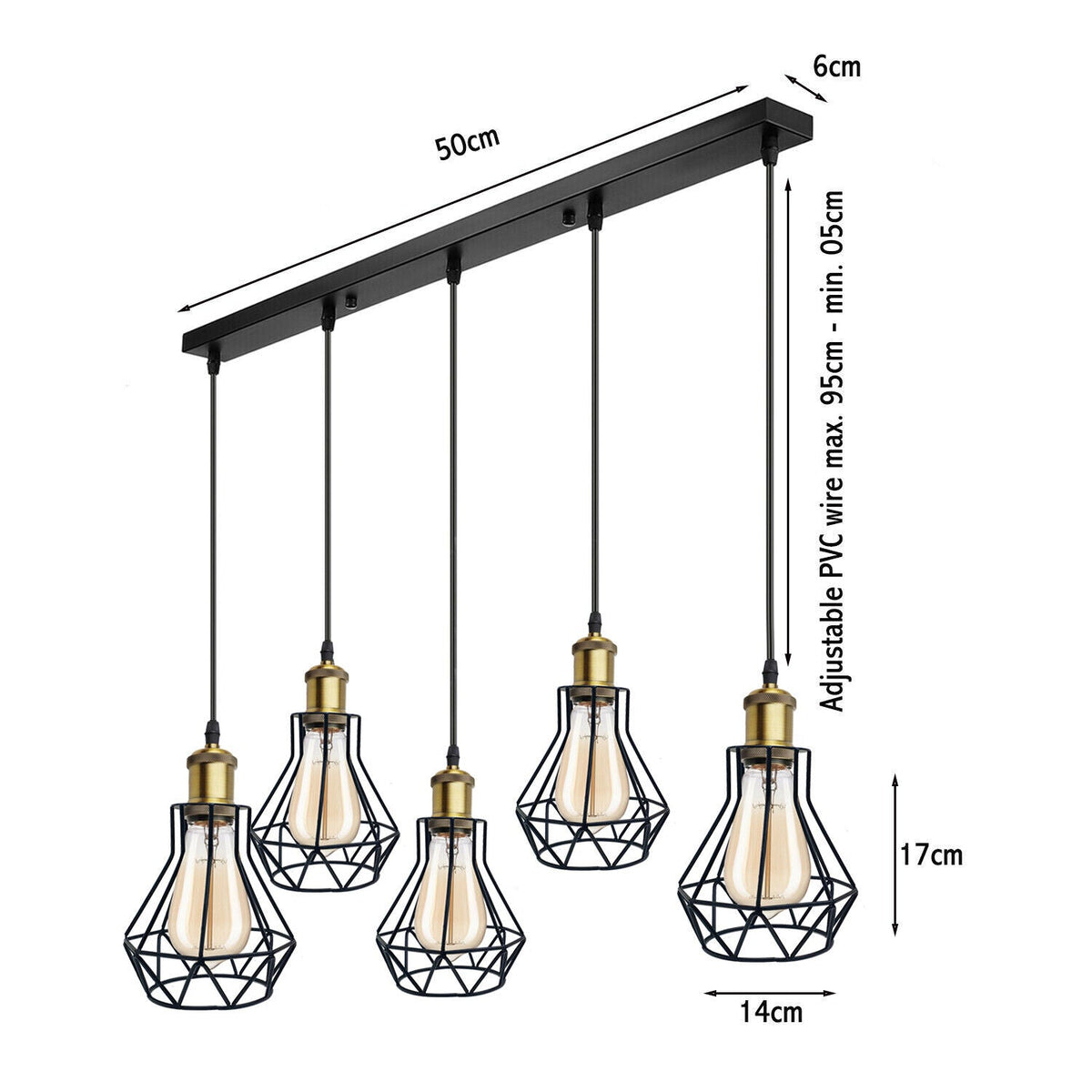 5-Light Cage Pendant on Ceiling Bar – Black & Brass, E27