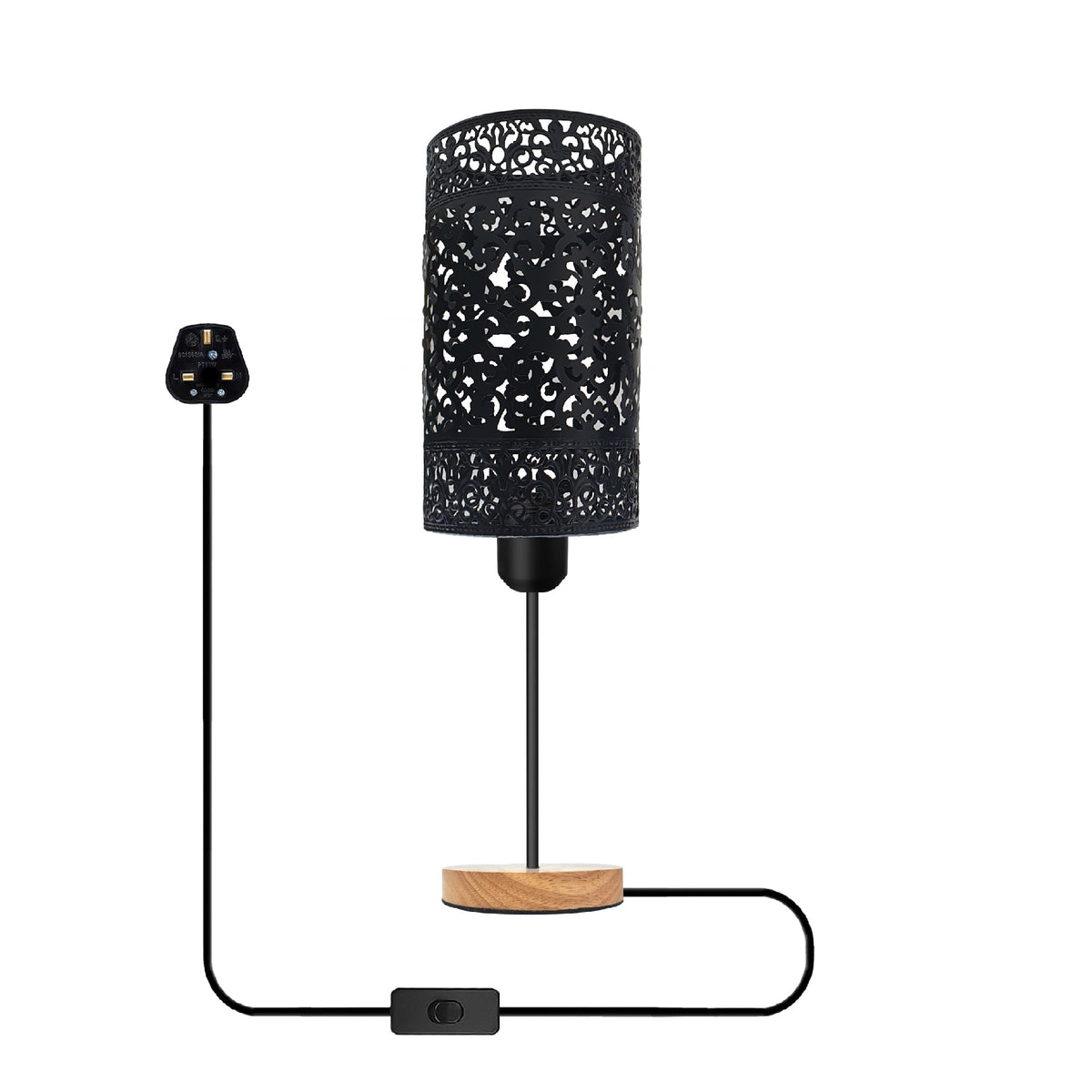 Cage Bedside Table Lamp with Wooden Base and On/Off Switch - Black, Without Bulb