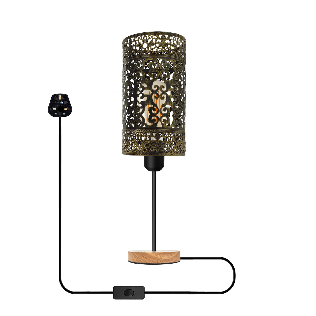 Cage Bedside Table Lamp with Wooden Base and On/Off Switch - Brushed Brass, Without Bulb