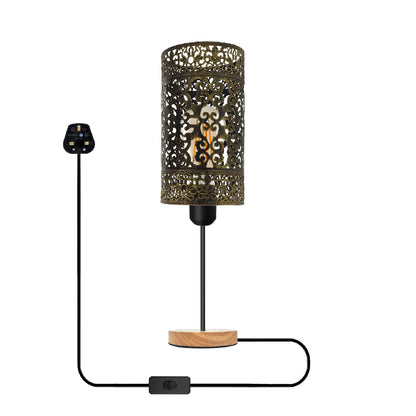 Cage Bedside Table Lamp with Wooden Base and On/Off Switch - Brushed Brass, Without Bulb