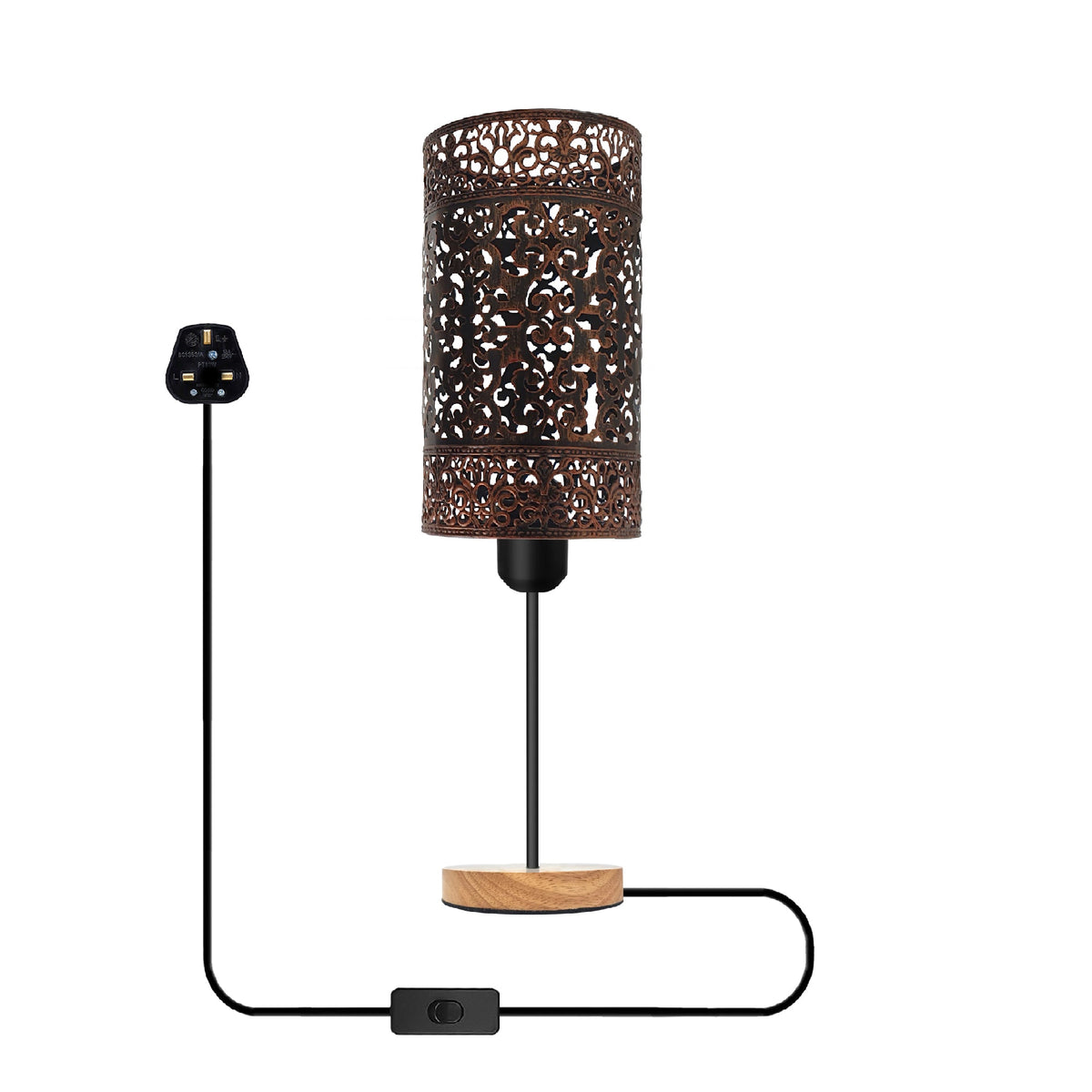 Cage Bedside Table Lamp with Wooden Base and On/Off Switch - Brushed Copper, Without Bulb