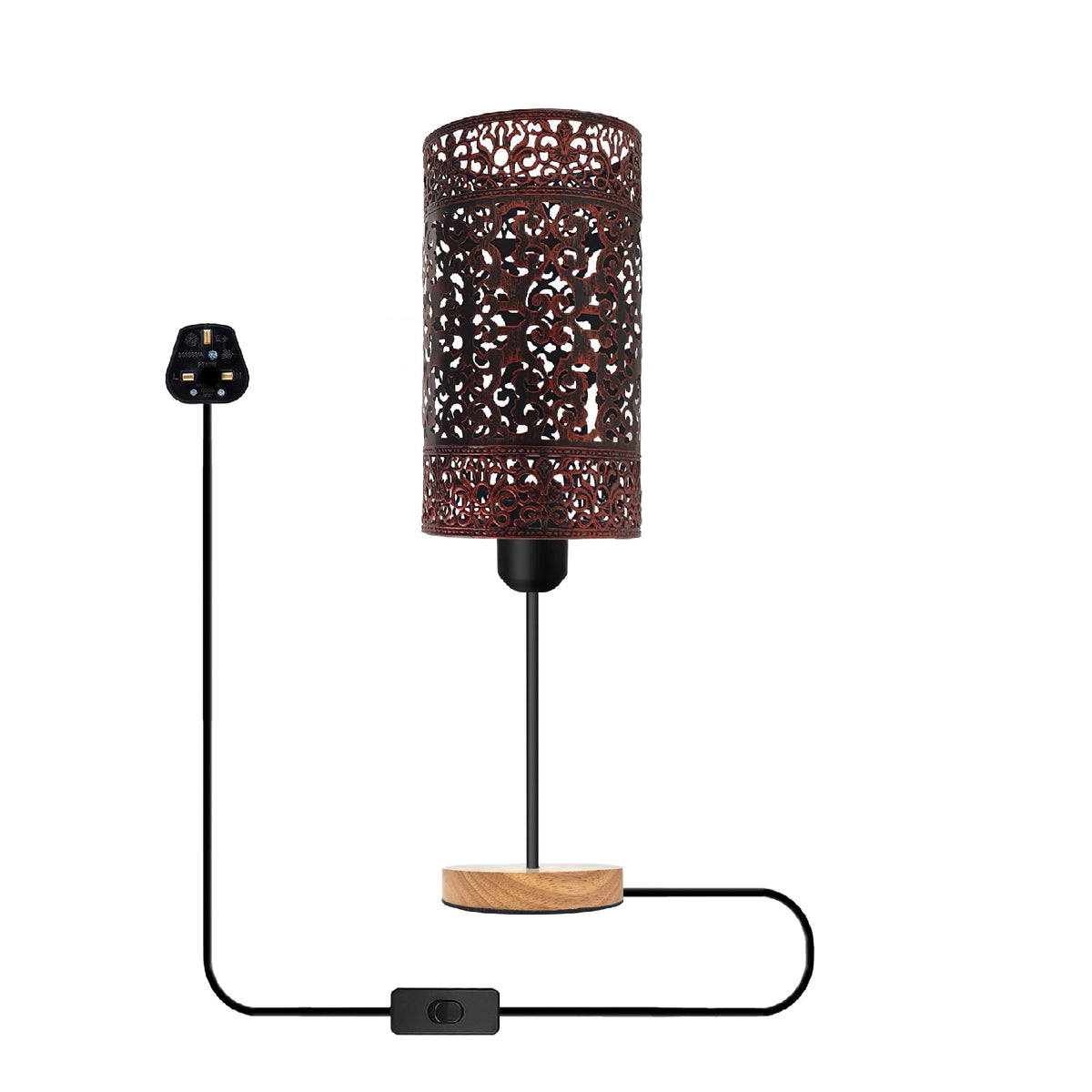 Cage Bedside Table Lamp with Wooden Base and On/Off Switch - Rustic Red, Without Bulb