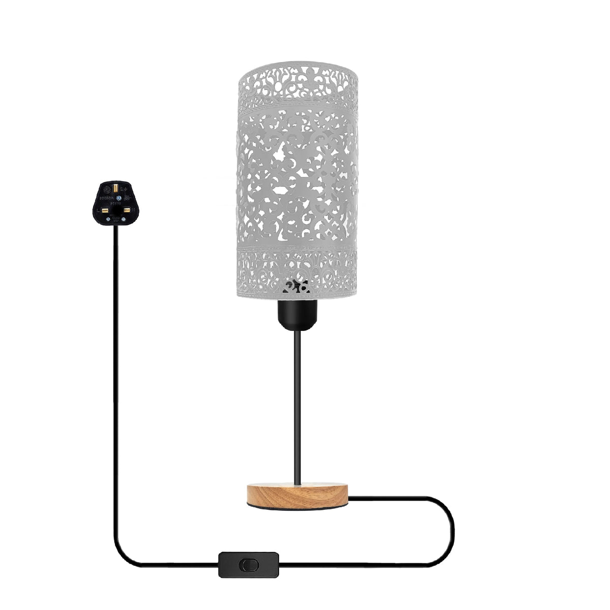 Cage Bedside Table Lamp with Wooden Base and On/Off Switch - White, Without Bulb