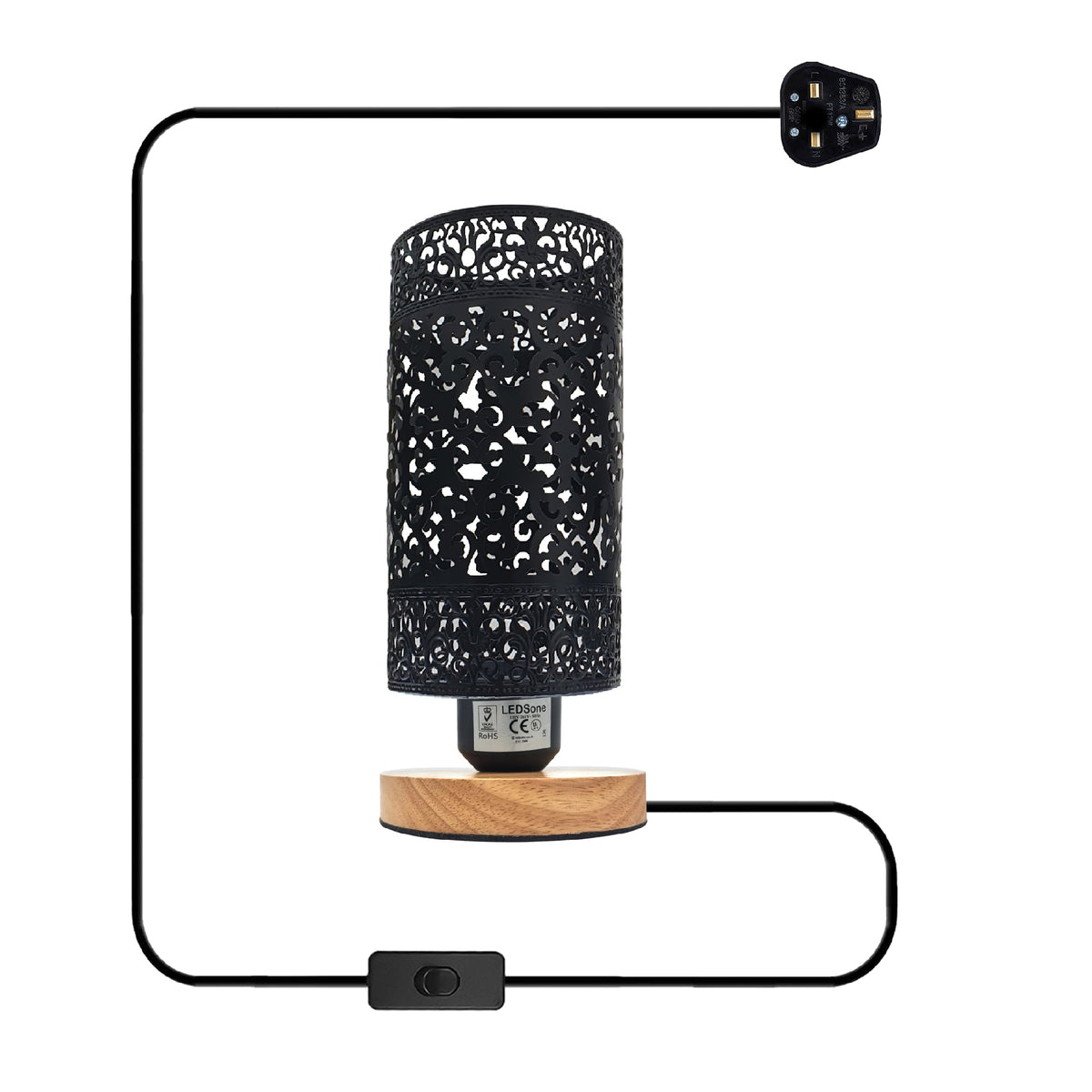 Cage Bedside Table Lamp with Wooden Stand E27 - Black, Without Bulb