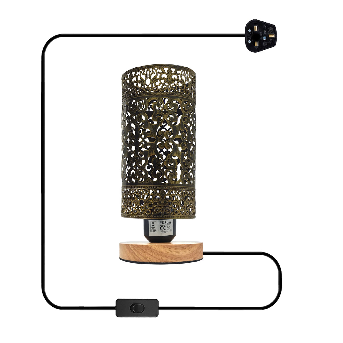 Cage Bedside Table Lamp with Wooden Stand E27 - Brushed Brass, Without Bulb
